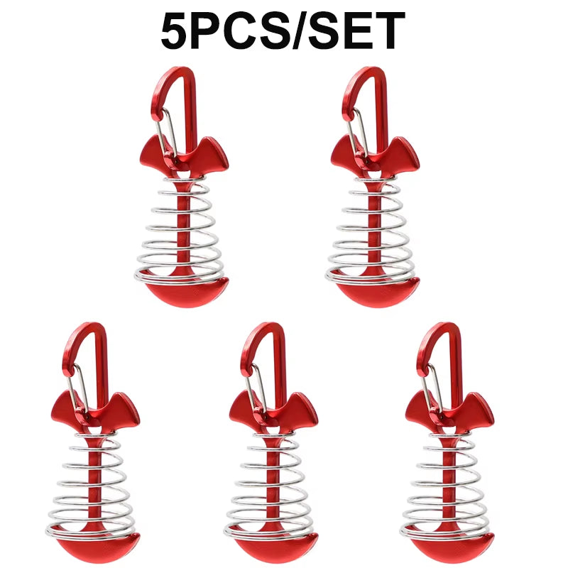 5/10PCS Spring Fishbone Deck Pegs Tent Stakes Awning Anchor Wind Rope Buckle with Carabiner Deck Fixed Nails Camping Tent Hooks
