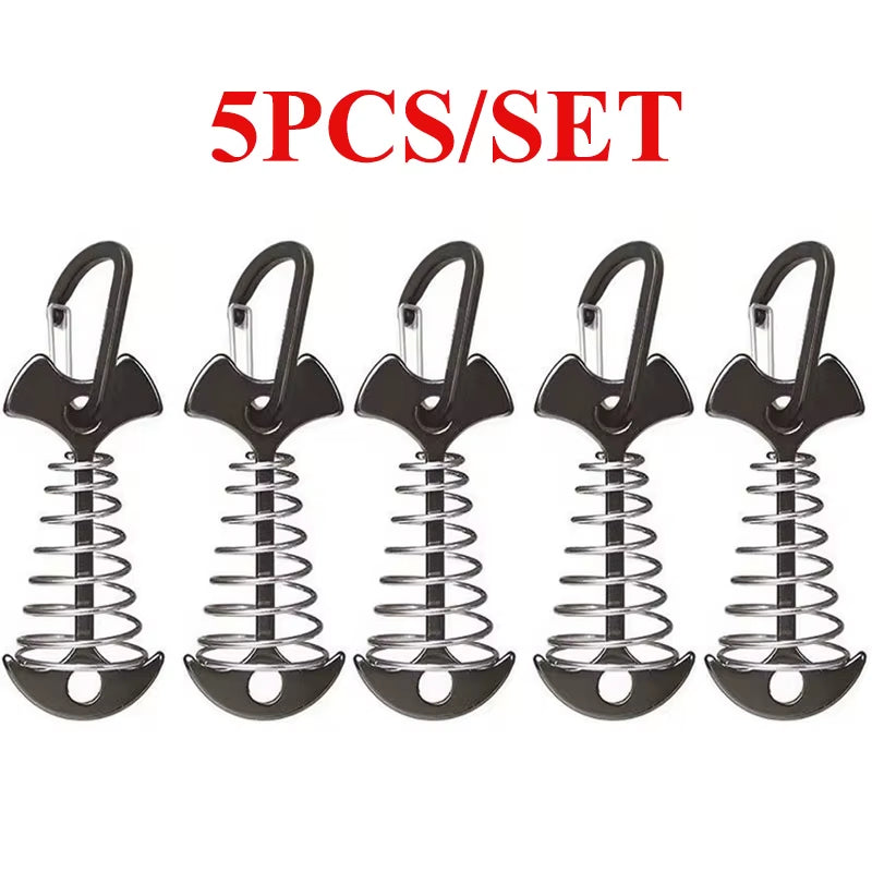 5/10PCS Spring Fishbone Deck Pegs Tent Stakes Awning Anchor Wind Rope Buckle with Carabiner Deck Fixed Nails Camping Tent Hooks