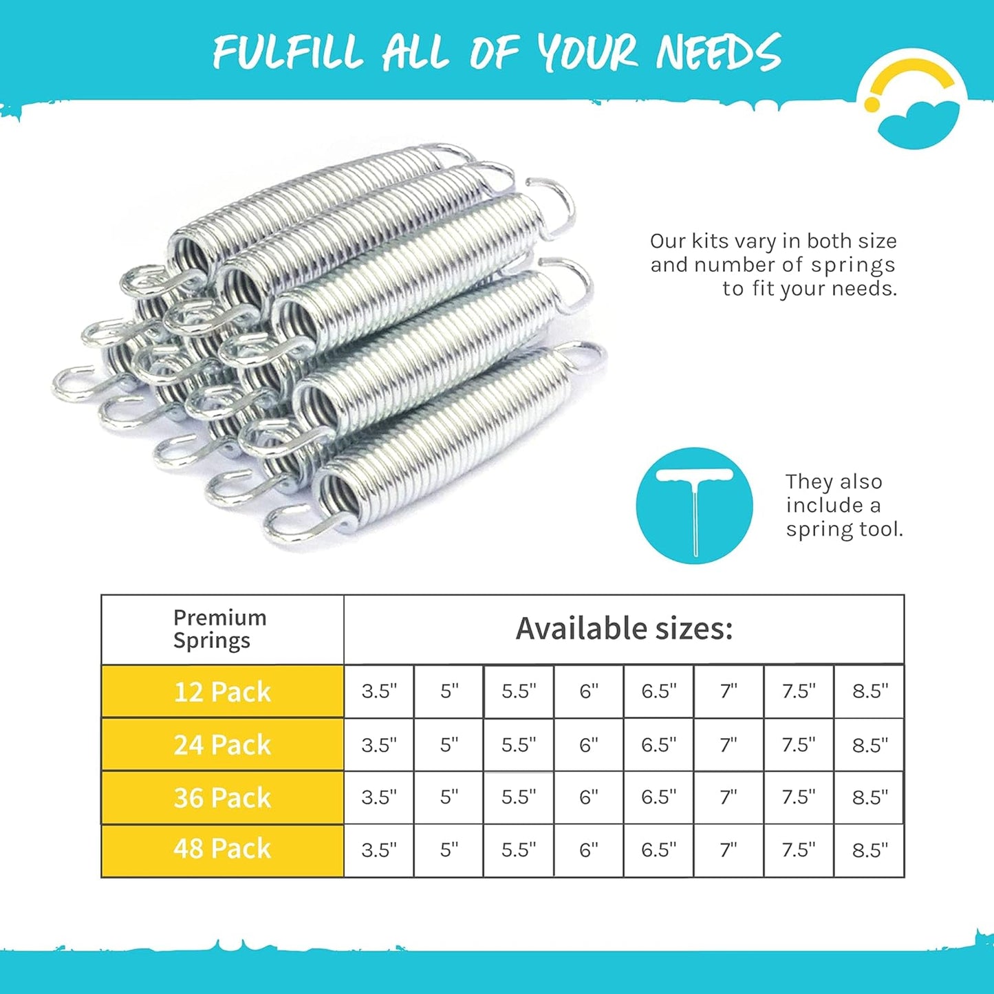 Universal Replacement Trampoline Springs with Spring Tool | Heavy-Duty Galvanized Steel | Set of 12-48 | Sizes 3.5" to 8.5" | for Skywalker, Jumpking, Upperbounce, Sportspower and Others