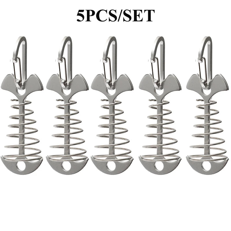 5/10PCS Spring Fishbone Deck Pegs Tent Stakes Awning Anchor Wind Rope Buckle with Carabiner Deck Fixed Nails Camping Tent Hooks