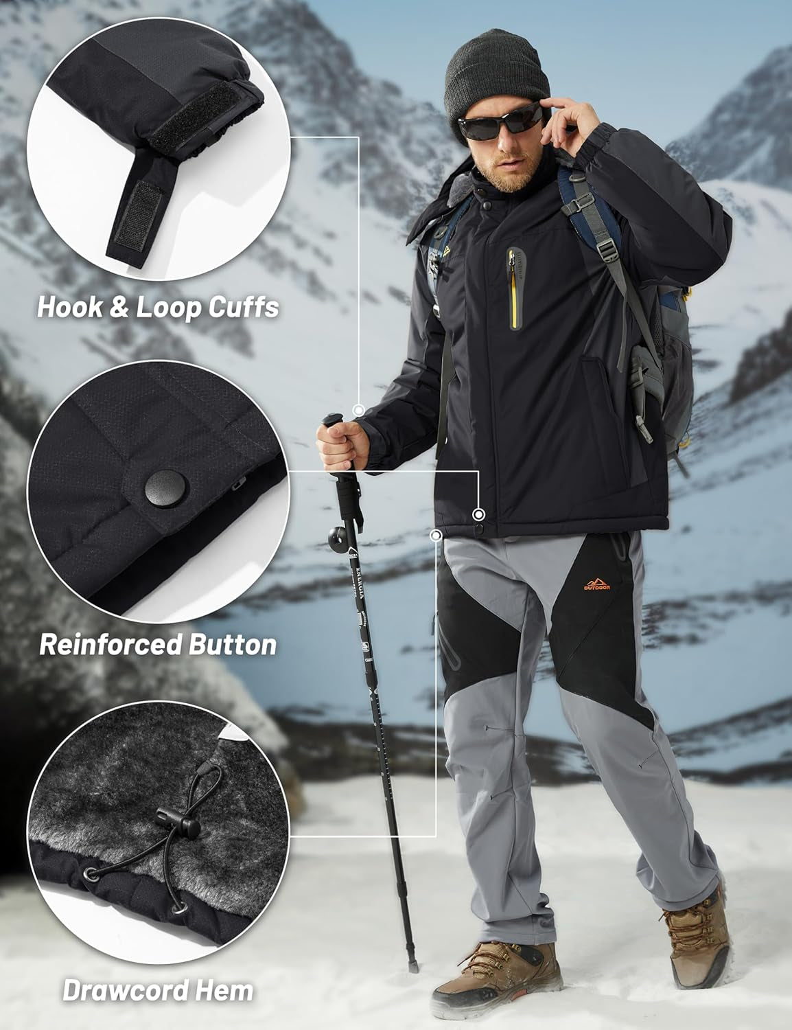 Men'S Winter Jacket Ski Snow Waterproof Fleece Coats Snowboard Warm Parka Raincoats with Hood 5 Pockets