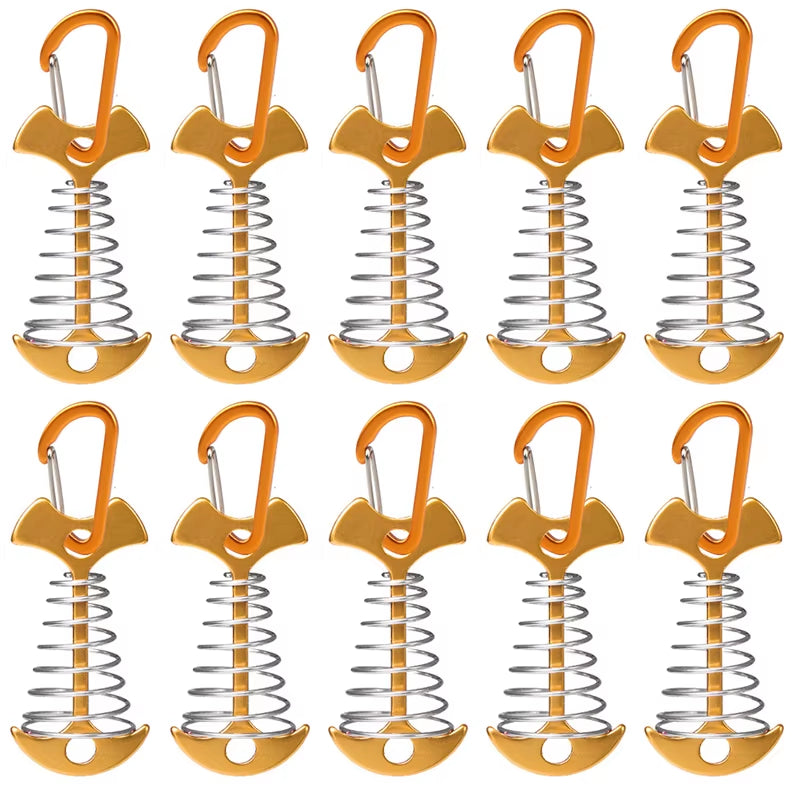 5/10PCS Spring Fishbone Deck Pegs Tent Stakes Awning Anchor Wind Rope Buckle with Carabiner Deck Fixed Nails Camping Tent Hooks