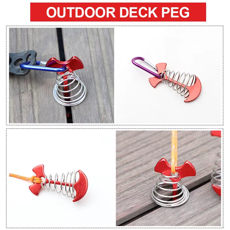 5/10PCS Spring Fishbone Deck Pegs Tent Stakes Awning Anchor Wind Rope Buckle with Carabiner Deck Fixed Nails Camping Tent Hooks