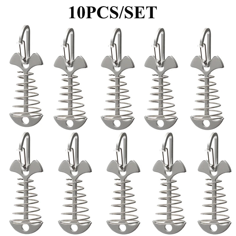 5/10PCS Spring Fishbone Deck Pegs Tent Stakes Awning Anchor Wind Rope Buckle with Carabiner Deck Fixed Nails Camping Tent Hooks