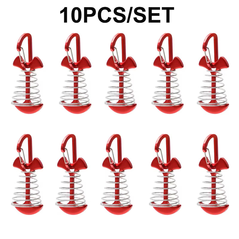 5/10PCS Spring Fishbone Deck Pegs Tent Stakes Awning Anchor Wind Rope Buckle with Carabiner Deck Fixed Nails Camping Tent Hooks