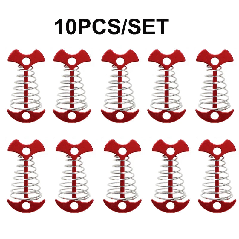 5/10PCS Spring Fishbone Deck Pegs Tent Stakes Awning Anchor Wind Rope Buckle with Carabiner Deck Fixed Nails Camping Tent Hooks