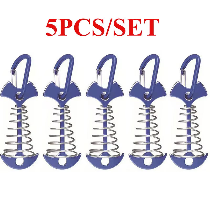 5/10PCS Spring Fishbone Deck Pegs Tent Stakes Awning Anchor Wind Rope Buckle with Carabiner Deck Fixed Nails Camping Tent Hooks