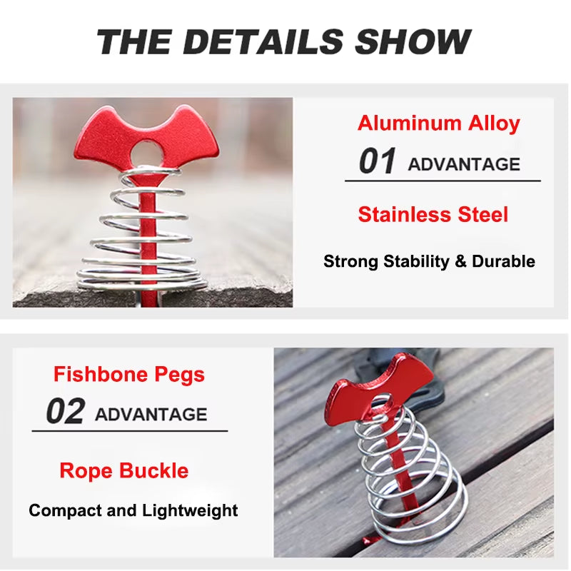 5/10PCS Spring Fishbone Deck Pegs Tent Stakes Awning Anchor Wind Rope Buckle with Carabiner Deck Fixed Nails Camping Tent Hooks
