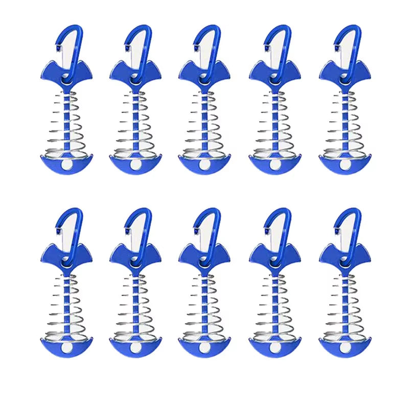 5/10PCS Spring Fishbone Deck Pegs Tent Stakes Awning Anchor Wind Rope Buckle with Carabiner Deck Fixed Nails Camping Tent Hooks