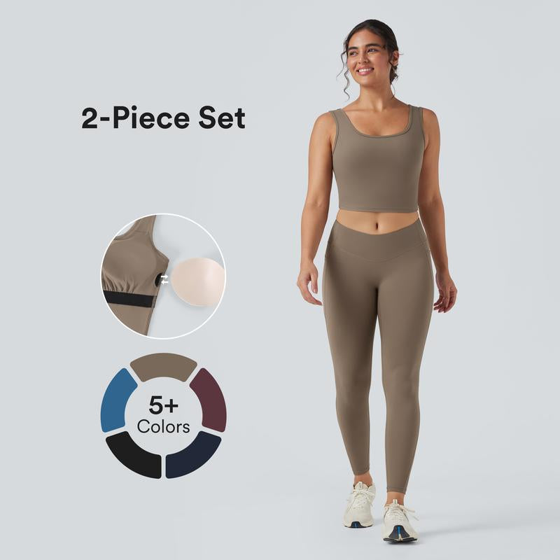 Halara 2-Piece Ultrasculpt U Neck Crossover Cropped Yoga Tank Top & Ultrasculpt Socinched High Waisted Tummy Control Side Pocket Shaping Training Leggings Set