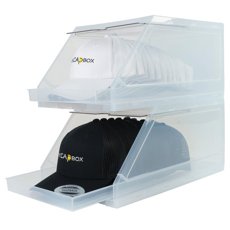 The Capbox 2.0 (2 Pack Clear) Hat Organizer for Baseball Caps, Stackable Hat Rack Cap Storage Container