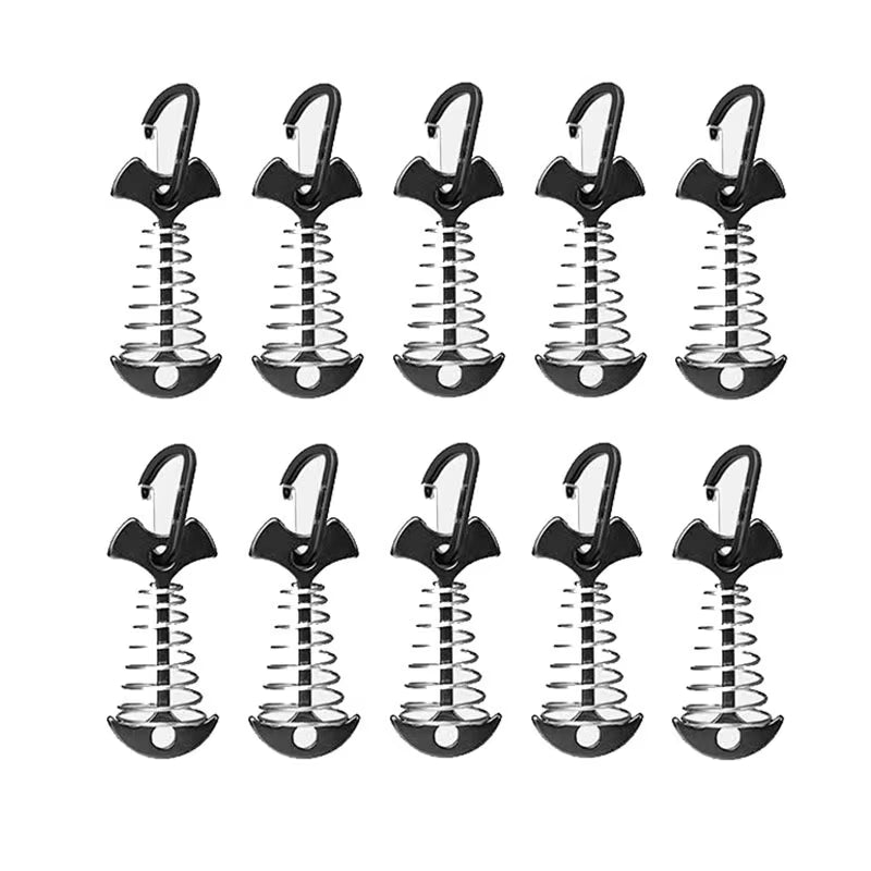 5/10PCS Spring Fishbone Deck Pegs Tent Stakes Awning Anchor Wind Rope Buckle with Carabiner Deck Fixed Nails Camping Tent Hooks