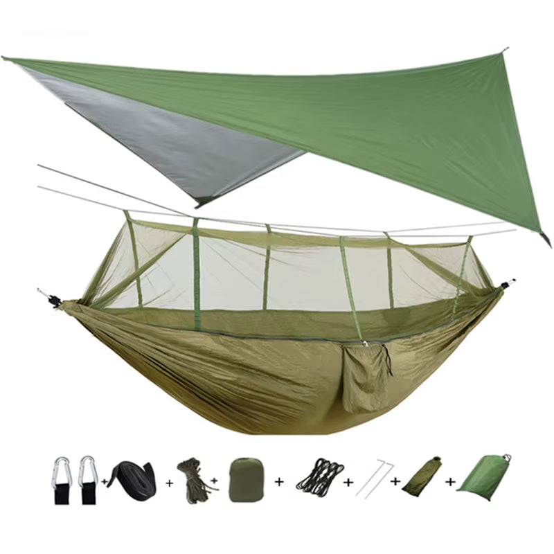 Portable Camping Hammock with Mosquito Net or Waterproof Rain Fly Tent Tarp Double Outdoor Lightweight Nylon Hammock