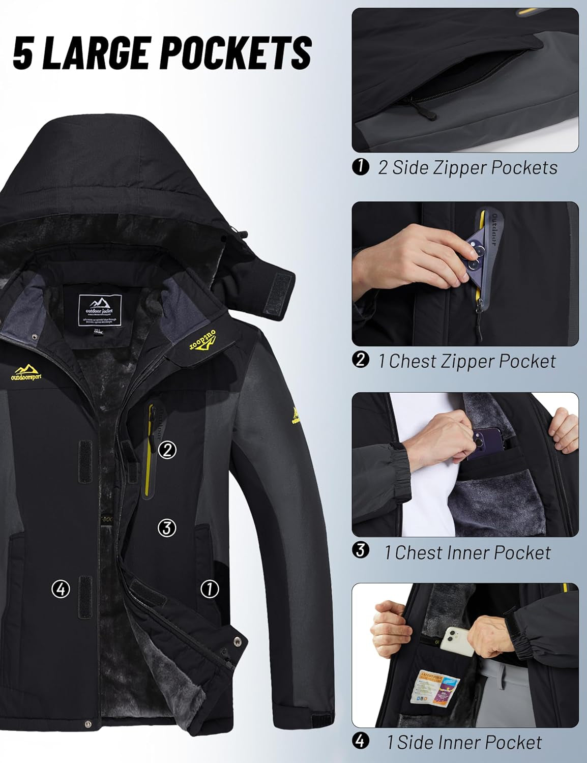 Men'S Winter Jacket Ski Snow Waterproof Fleece Coats Snowboard Warm Parka Raincoats with Hood 5 Pockets