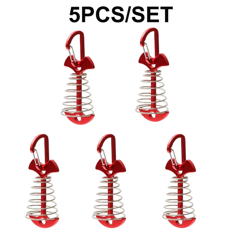 5/10PCS Spring Fishbone Deck Pegs Tent Stakes Awning Anchor Wind Rope Buckle with Carabiner Deck Fixed Nails Camping Tent Hooks