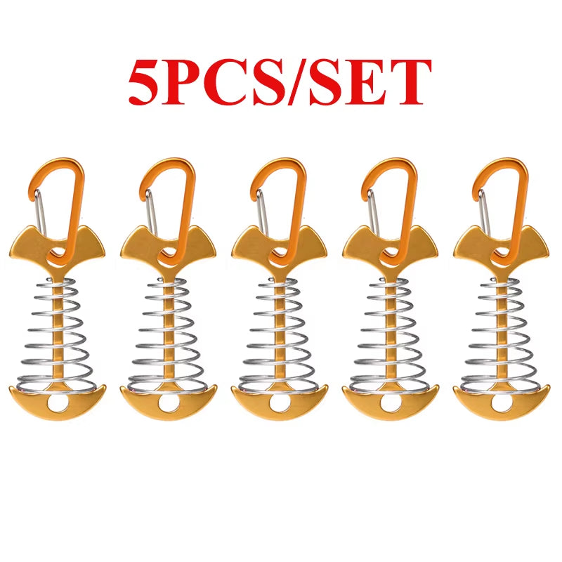 5/10PCS Spring Fishbone Deck Pegs Tent Stakes Awning Anchor Wind Rope Buckle with Carabiner Deck Fixed Nails Camping Tent Hooks