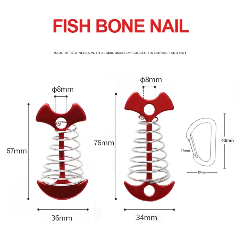 5/10PCS Spring Fishbone Deck Pegs Tent Stakes Awning Anchor Wind Rope Buckle with Carabiner Deck Fixed Nails Camping Tent Hooks