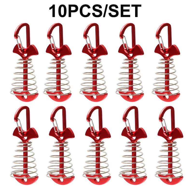 5/10PCS Spring Fishbone Deck Pegs Tent Stakes Awning Anchor Wind Rope Buckle with Carabiner Deck Fixed Nails Camping Tent Hooks