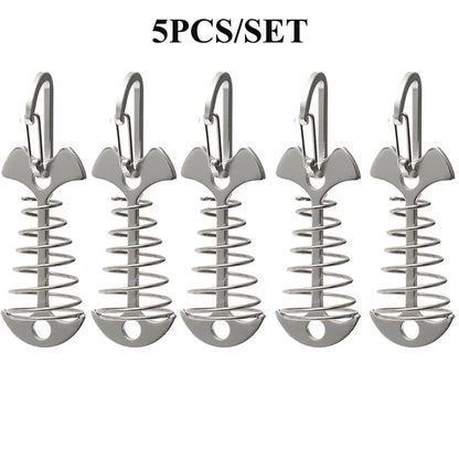 5/10PCS Spring Fishbone Deck Pegs Tent Stakes Awning Anchor Wind Rope Buckle with Carabiner Deck Fixed Nails Camping Tent Hooks