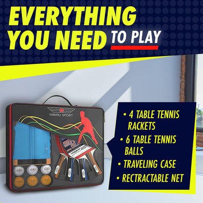 Professional Ping Pong Paddle Sets - 2 Player or 4 Player Table Tennis Paddles, Retractable Net, Pingpong Balls and Carry Bag Storage Case - Table Tennis Equipment & Ping Pong Accessories