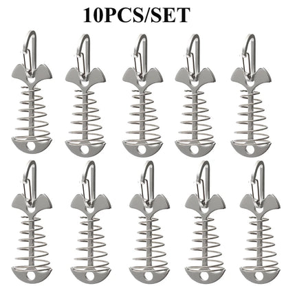 5/10PCS Spring Fishbone Deck Pegs Tent Stakes Awning Anchor Wind Rope Buckle with Carabiner Deck Fixed Nails Camping Tent Hooks
