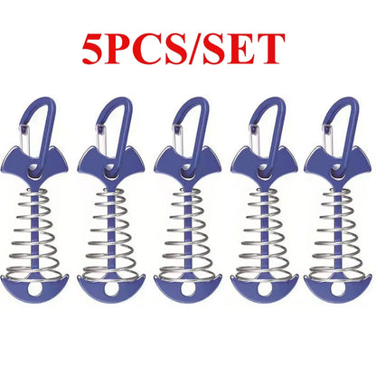 5/10PCS Spring Fishbone Deck Pegs Tent Stakes Awning Anchor Wind Rope Buckle with Carabiner Deck Fixed Nails Camping Tent Hooks