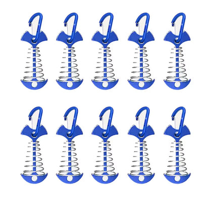 5/10PCS Spring Fishbone Deck Pegs Tent Stakes Awning Anchor Wind Rope Buckle with Carabiner Deck Fixed Nails Camping Tent Hooks