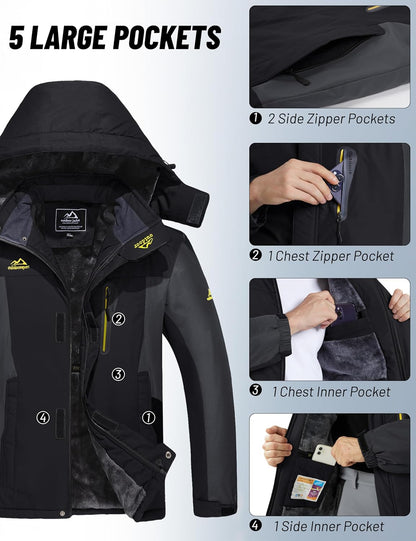 Men'S Winter Jacket Ski Snow Waterproof Fleece Coats Snowboard Warm Parka Raincoats with Hood 5 Pockets
