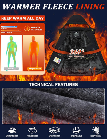 Men'S Winter Jacket Ski Snow Waterproof Fleece Coats Snowboard Warm Parka Raincoats with Hood 5 Pockets